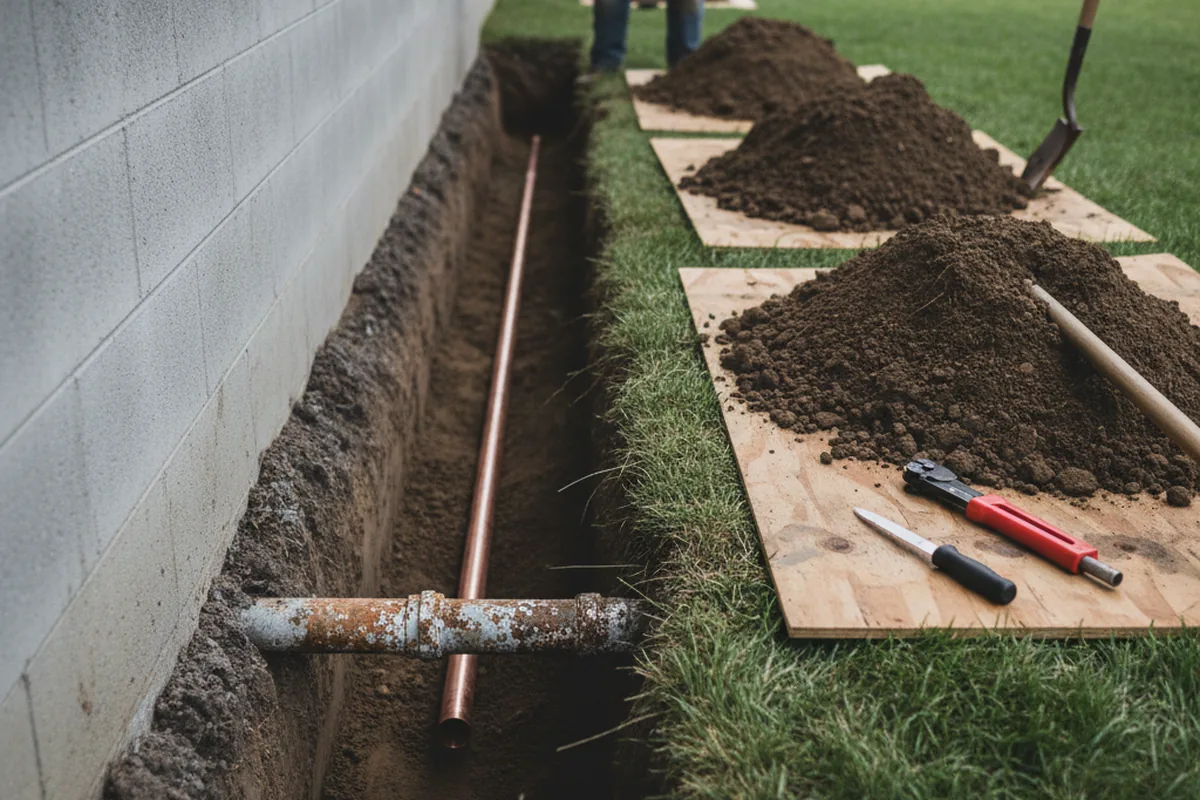 Excavated water line trench during Water Heater Repair in Auburntown